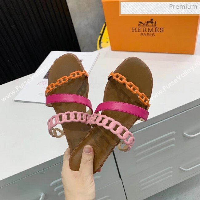 Hermes Leather &quot;Chaine dAncre&quot; Straps Ajaccio Slipper Sandal Rosy/Pink/Orange 2020 (ME-20042064)