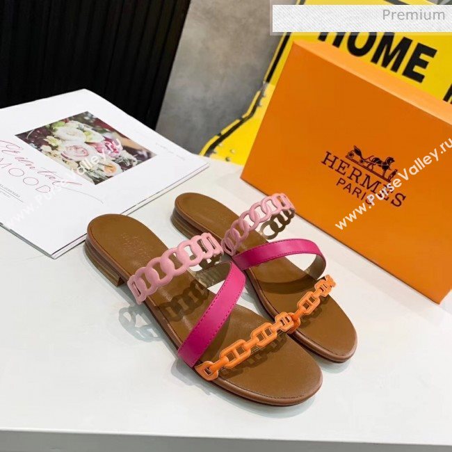 Hermes Leather &quot;Chaine dAncre&quot; Straps Ajaccio Slipper Sandal Rosy/Pink/Orange 2020 (ME-20042064)