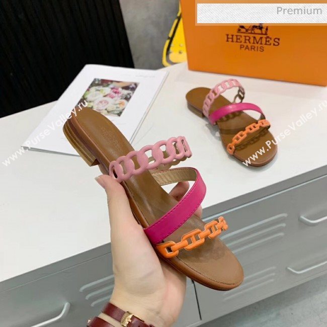 Hermes Leather &quot;Chaine dAncre&quot; Straps Ajaccio Slipper Sandal Rosy/Pink/Orange 2020 (ME-20042064)