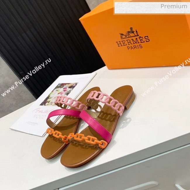 Hermes Leather &quot;Chaine dAncre&quot; Straps Ajaccio Slipper Sandal Rosy/Pink/Orange 2020 (ME-20042064)