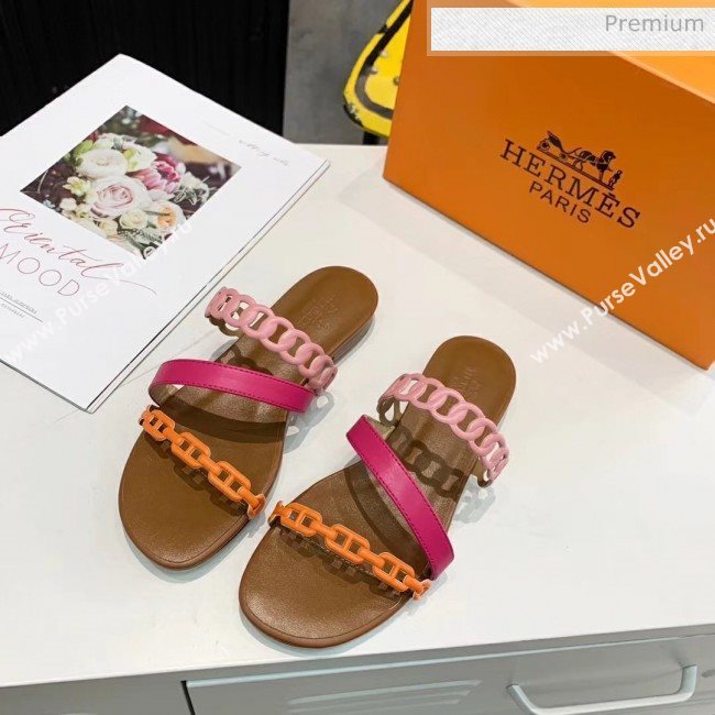 Hermes Leather &quot;Chaine dAncre&quot; Straps Ajaccio Slipper Sandal Rosy/Pink/Orange 2020 (ME-20042064)