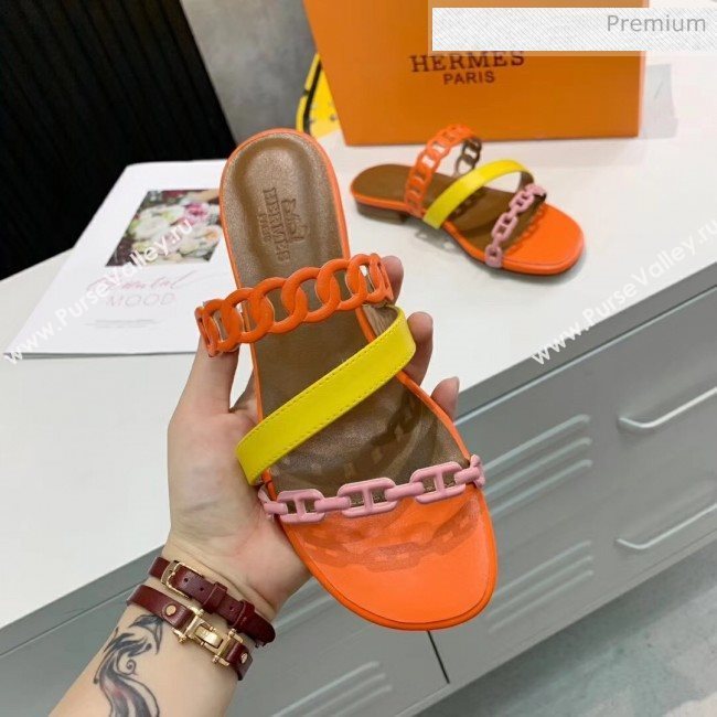 Hermes Leather &quot;Chaine dAncre&quot; Straps Ajaccio Slipper Sandal Orange/Yellow/Pink 2020 (ME-20042065)