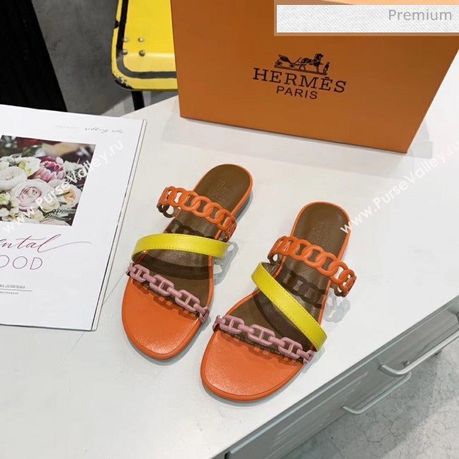 Hermes Leather &quot;Chaine dAncre&quot; Straps Ajaccio Slipper Sandal Orange/Yellow/Pink 2020 (ME-20042065)