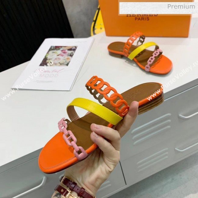 Hermes Leather &quot;Chaine dAncre&quot; Straps Ajaccio Slipper Sandal Orange/Yellow/Pink 2020 (ME-20042065)