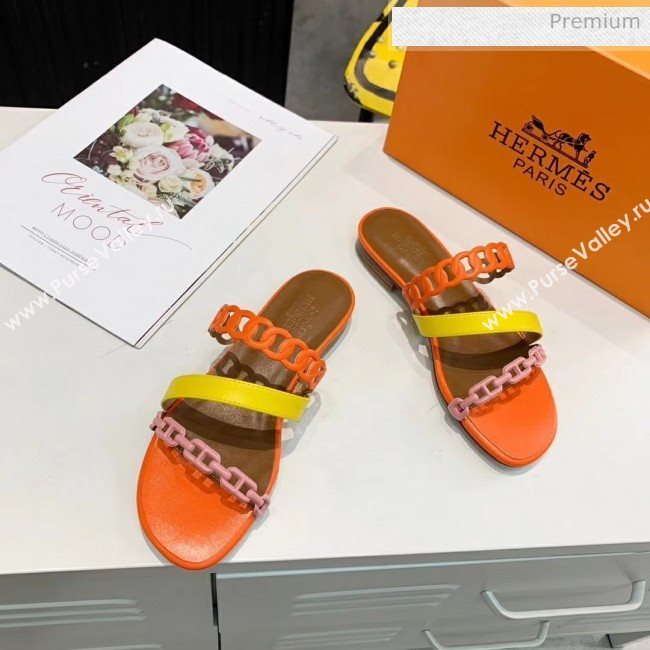 Hermes Leather &quot;Chaine dAncre&quot; Straps Ajaccio Slipper Sandal Orange/Yellow/Pink 2020 (ME-20042065)