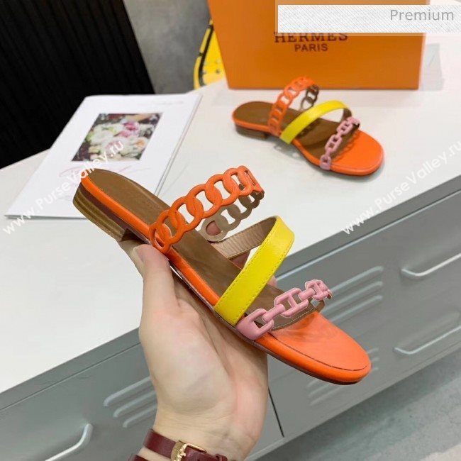 Hermes Leather &quot;Chaine dAncre&quot; Straps Ajaccio Slipper Sandal Orange/Yellow/Pink 2020 (ME-20042065)