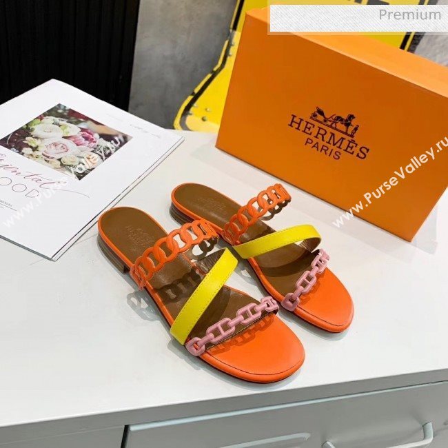 Hermes Leather &quot;Chaine dAncre&quot; Straps Ajaccio Slipper Sandal Orange/Yellow/Pink 2020 (ME-20042065)