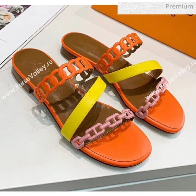 Hermes Leather &quot;Chaine dAncre&quot; Straps Ajaccio Slipper Sandal Orange/Yellow/Pink 2020 (ME-20042065)