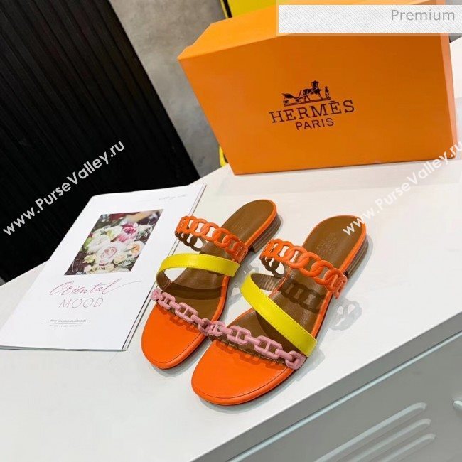 Hermes Leather &quot;Chaine dAncre&quot; Straps Ajaccio Slipper Sandal Orange/Yellow/Pink 2020 (ME-20042065)