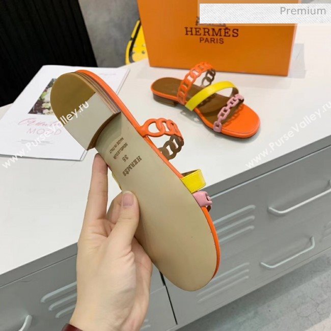 Hermes Leather &quot;Chaine dAncre&quot; Straps Ajaccio Slipper Sandal Orange/Yellow/Pink 2020 (ME-20042065)