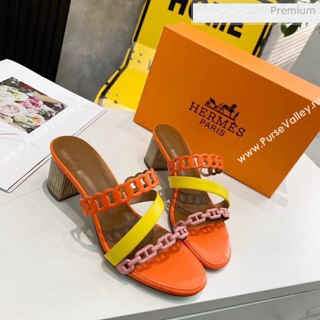 Hermes Leather &quot;Chaine dAncre&quot; Straps Ajaccio Sandal With 5cm Heel Orange/Yellow 2020 (ME-20042066)