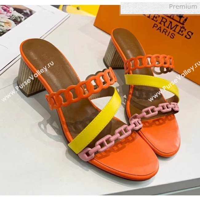 Hermes Leather &quot;Chaine dAncre&quot; Straps Ajaccio Sandal With 5cm Heel Orange/Yellow 2020 (ME-20042066)