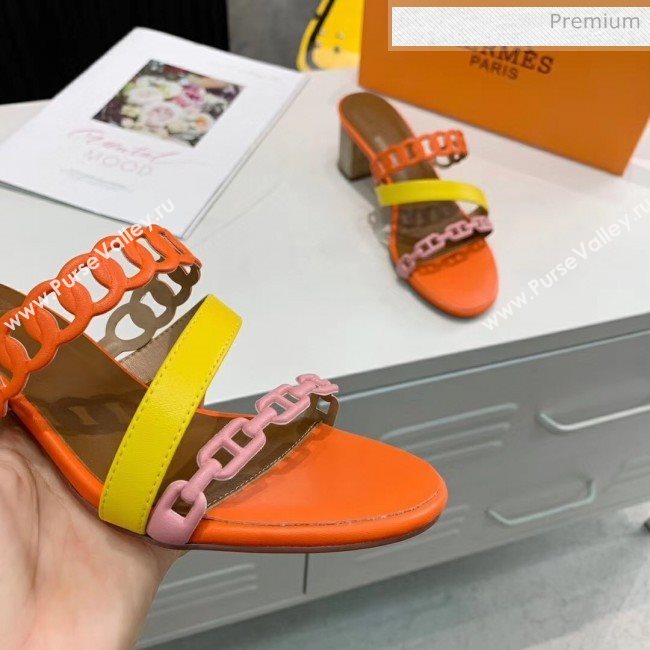 Hermes Leather &quot;Chaine dAncre&quot; Straps Ajaccio Sandal With 5cm Heel Orange/Yellow 2020 (ME-20042066)