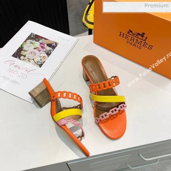 Hermes Leather &quot;Chaine dAncre&quot; Straps Ajaccio Sandal With 5cm Heel Orange/Yellow 2020 (ME-20042066)