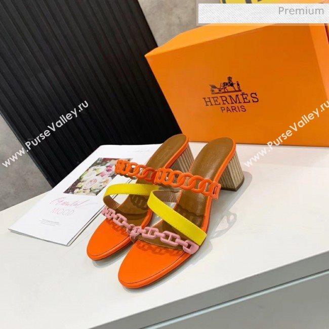 Hermes Leather &quot;Chaine dAncre&quot; Straps Ajaccio Sandal With 5cm Heel Orange/Yellow 2020 (ME-20042066)