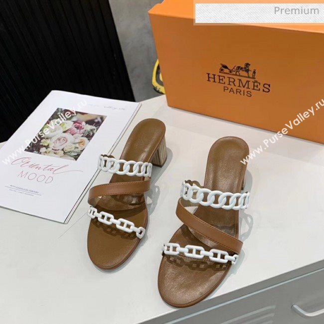 Hermes Leather &quot;Chaine dAncre&quot; Straps Ajaccio Sandal With 5cm Heel Brown/White 2020 (ME-20042067)