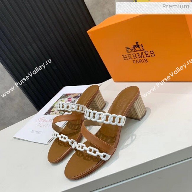 Hermes Leather &quot;Chaine dAncre&quot; Straps Ajaccio Sandal With 5cm Heel Brown/White 2020 (ME-20042067)