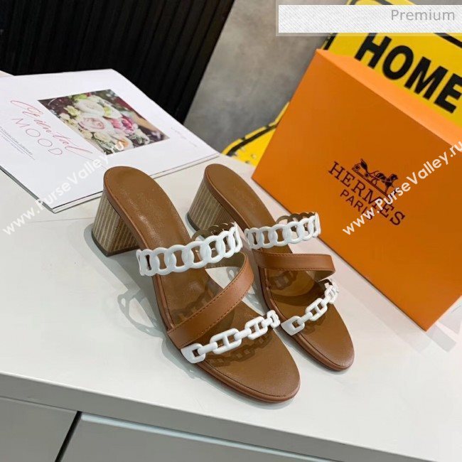 Hermes Leather &quot;Chaine dAncre&quot; Straps Ajaccio Sandal With 5cm Heel Brown/White 2020 (ME-20042067)