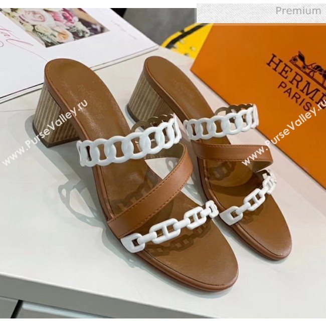 Hermes Leather &quot;Chaine dAncre&quot; Straps Ajaccio Sandal With 5cm Heel Brown/White 2020 (ME-20042067)