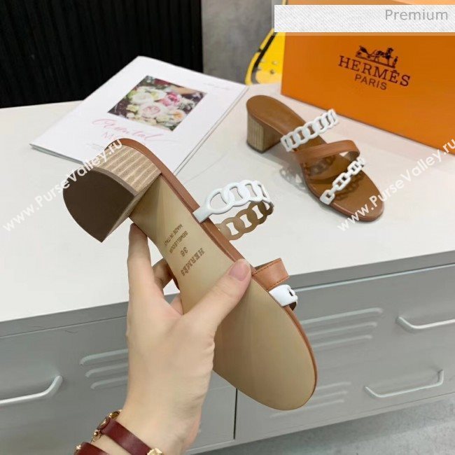 Hermes Leather &quot;Chaine dAncre&quot; Straps Ajaccio Sandal With 5cm Heel Brown/White 2020 (ME-20042067)