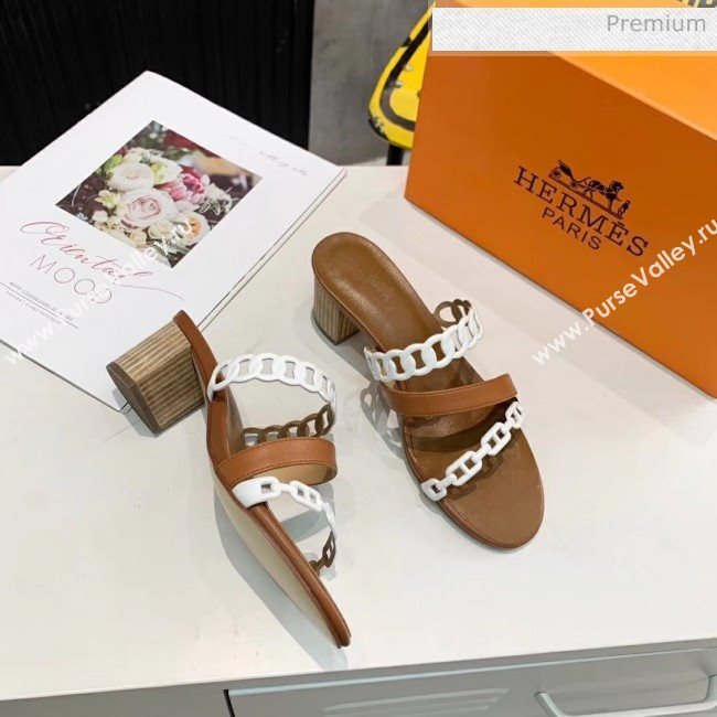 Hermes Leather &quot;Chaine dAncre&quot; Straps Ajaccio Sandal With 5cm Heel Brown/White 2020 (ME-20042067)