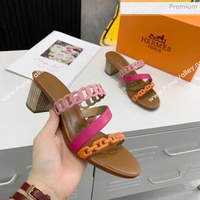 Hermes Leather &quot;Chaine dAncre&quot; Straps Ajaccio Sandal With 5cm Heel Rosy/Orange 2020 (ME-20042068)