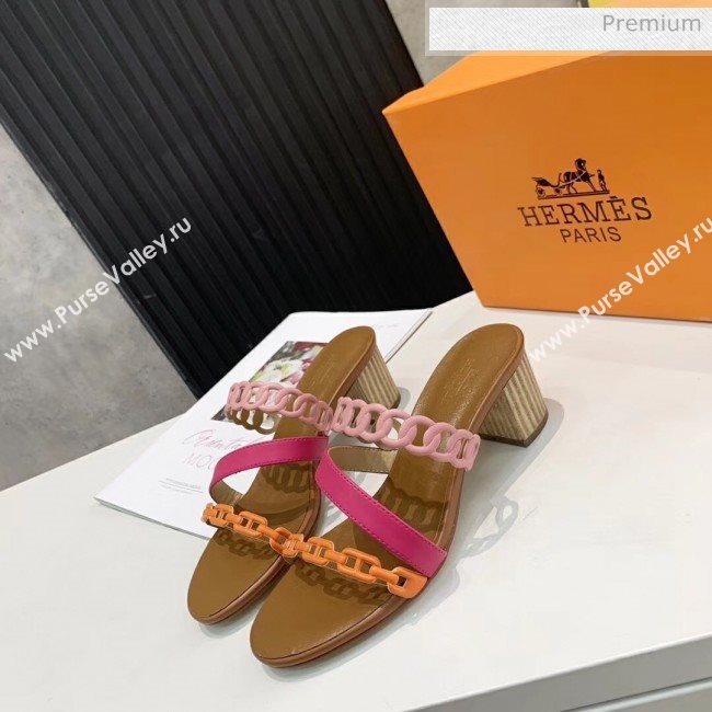 Hermes Leather &quot;Chaine dAncre&quot; Straps Ajaccio Sandal With 5cm Heel Rosy/Orange 2020 (ME-20042068)