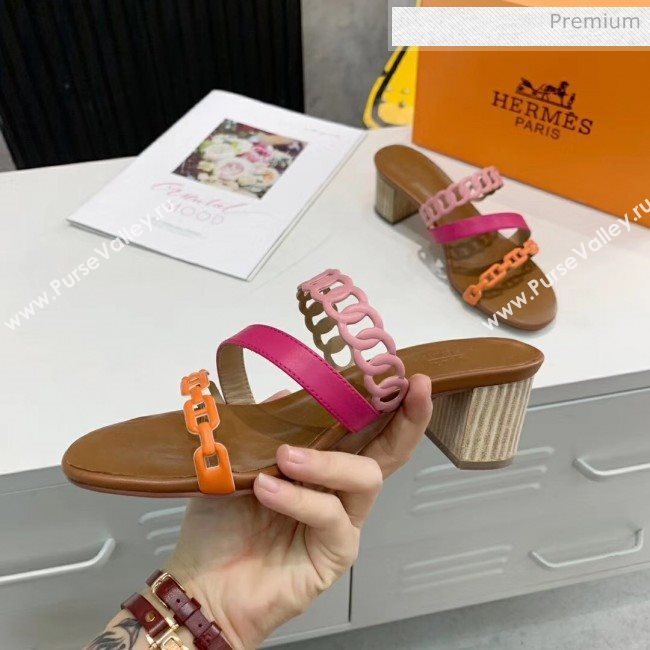 Hermes Leather &quot;Chaine dAncre&quot; Straps Ajaccio Sandal With 5cm Heel Rosy/Orange 2020 (ME-20042068)