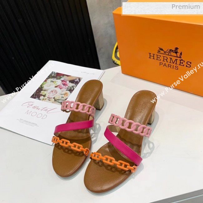 Hermes Leather &quot;Chaine dAncre&quot; Straps Ajaccio Sandal With 5cm Heel Rosy/Orange 2020 (ME-20042068)