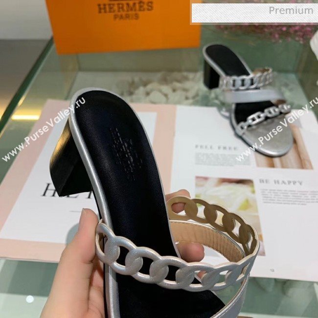 Hermes Leather &quot;Chaine dAncre&quot; Straps Ajaccio Sandal With 5cm Heel Silver 2020 (ME-20042069)