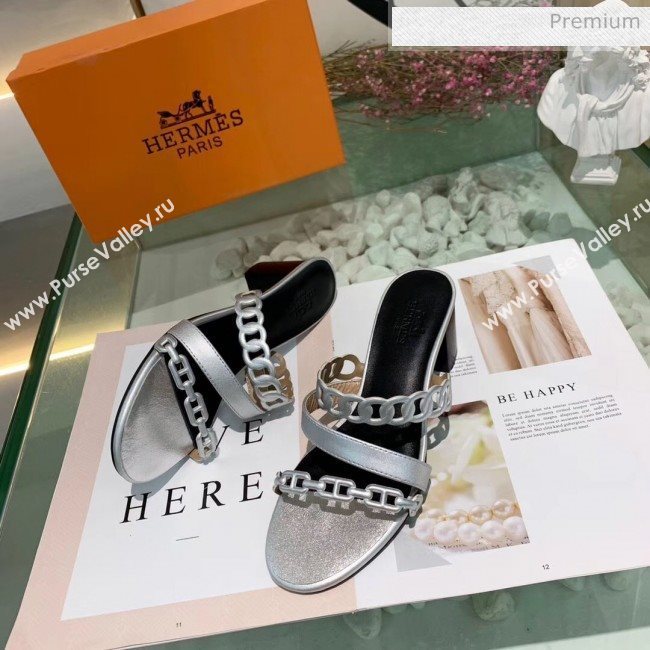 Hermes Leather &quot;Chaine dAncre&quot; Straps Ajaccio Sandal With 5cm Heel Silver 2020 (ME-20042069)