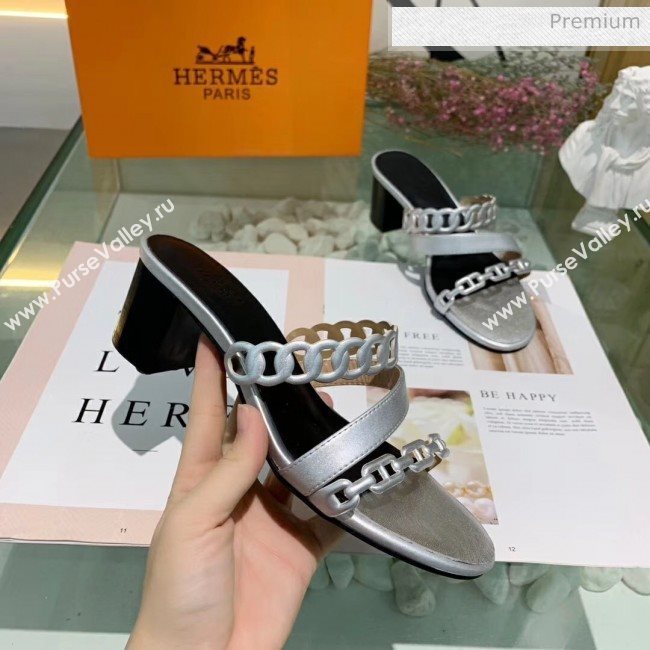 Hermes Leather &quot;Chaine dAncre&quot; Straps Ajaccio Sandal With 5cm Heel Silver 2020 (ME-20042069)