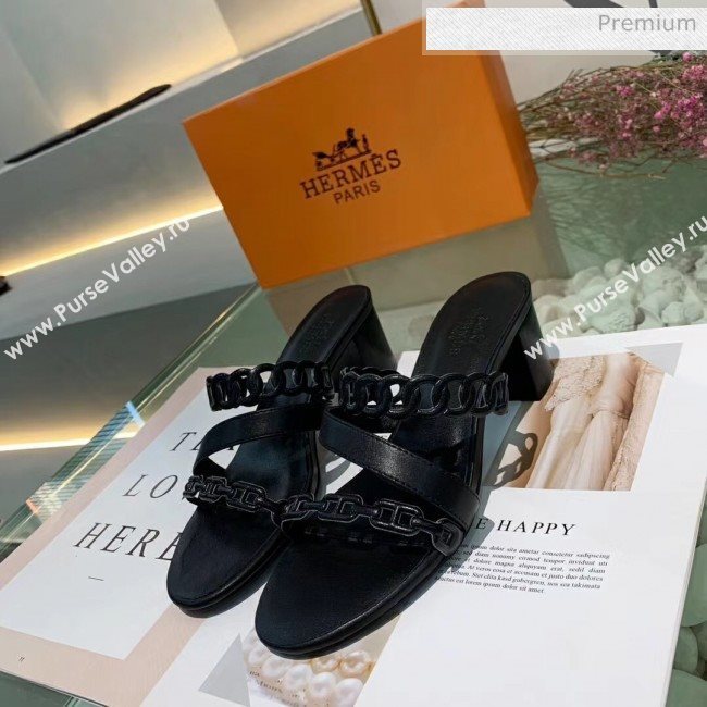 Hermes Leather &quot;Chaine dAncre&quot; Straps Ajaccio Sandal With 5cm Heel Black 2020 (ME-20042071)
