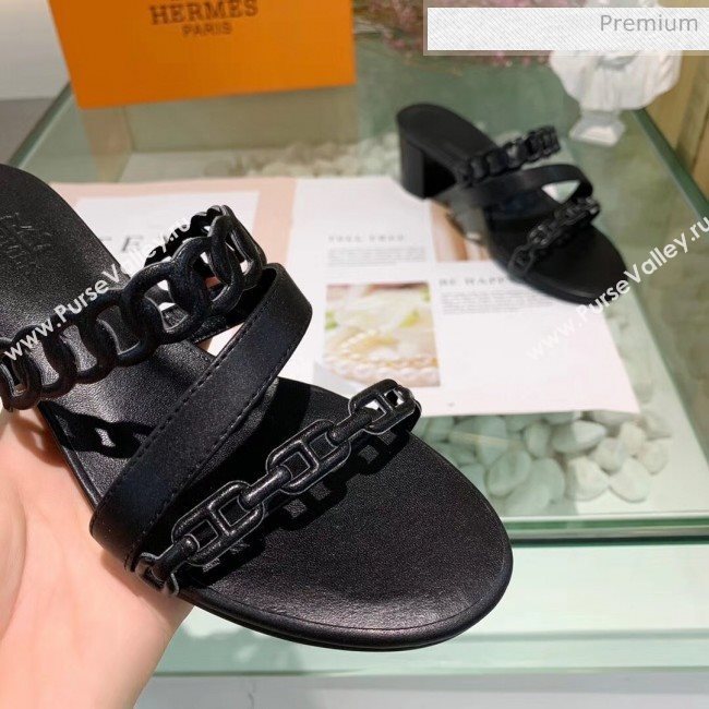 Hermes Leather &quot;Chaine dAncre&quot; Straps Ajaccio Sandal With 5cm Heel Black 2020 (ME-20042071)