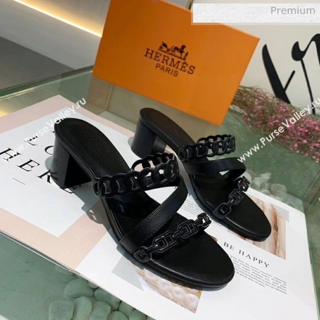 Hermes Leather &quot;Chaine dAncre&quot; Straps Ajaccio Sandal With 5cm Heel Black 2020 (ME-20042071)