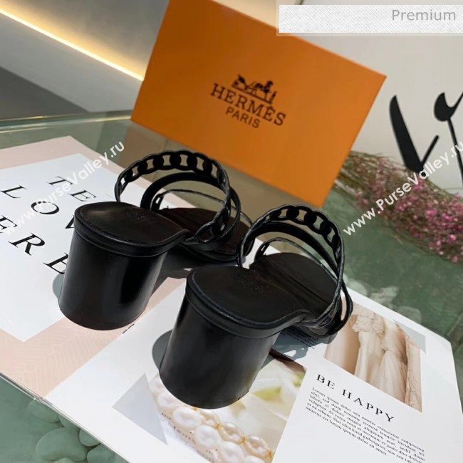 Hermes Leather &quot;Chaine dAncre&quot; Straps Ajaccio Sandal With 5cm Heel Black 2020 (ME-20042071)