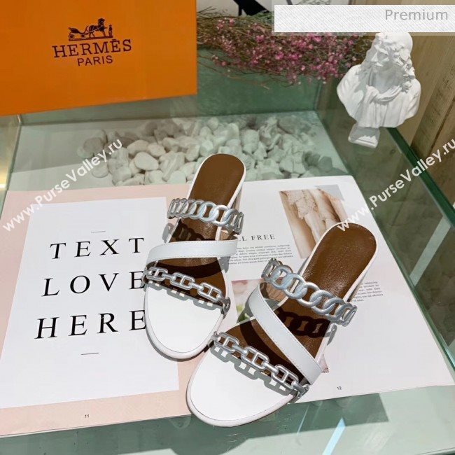 Hermes Leather &quot;Chaine dAncre&quot; Straps Ajaccio Sandal With 5cm Heel White/Silver 2020 (ME-20042070)