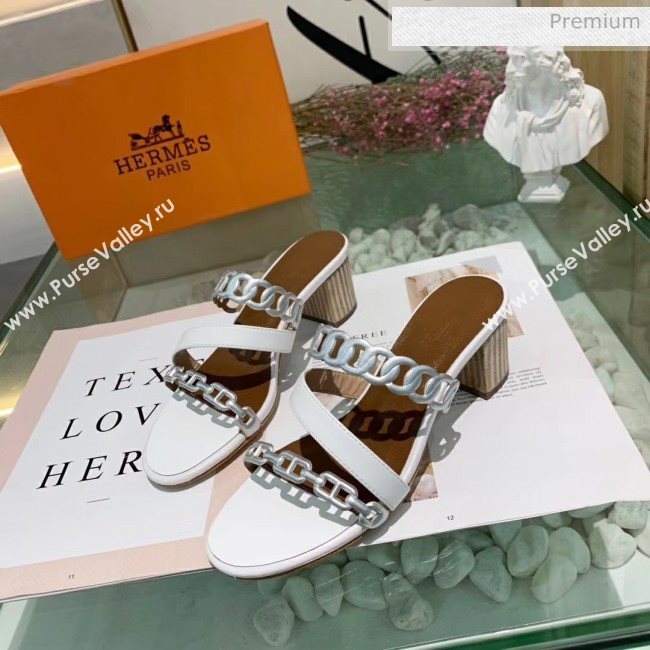Hermes Leather &quot;Chaine dAncre&quot; Straps Ajaccio Sandal With 5cm Heel White/Silver 2020 (ME-20042070)