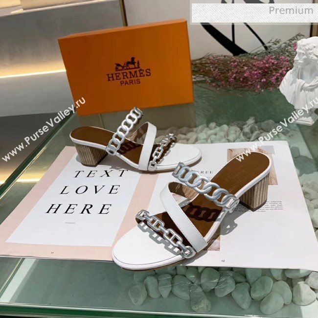 Hermes Leather &quot;Chaine dAncre&quot; Straps Ajaccio Sandal With 5cm Heel White/Silver 2020 (ME-20042070)