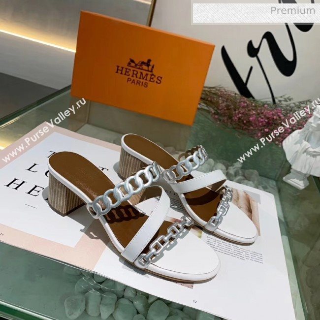 Hermes Leather &quot;Chaine dAncre&quot; Straps Ajaccio Sandal With 5cm Heel White/Silver 2020 (ME-20042070)