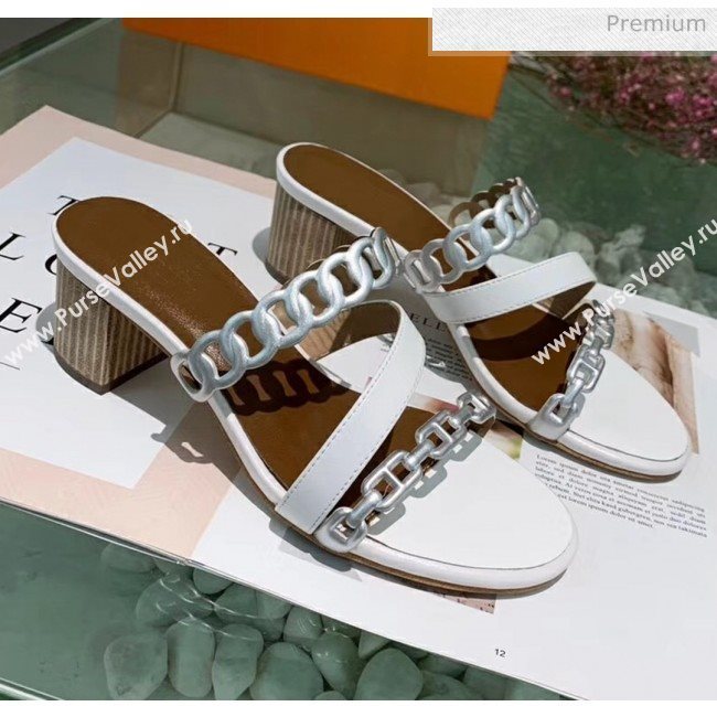 Hermes Leather &quot;Chaine dAncre&quot; Straps Ajaccio Sandal With 5cm Heel White/Silver 2020 (ME-20042070)