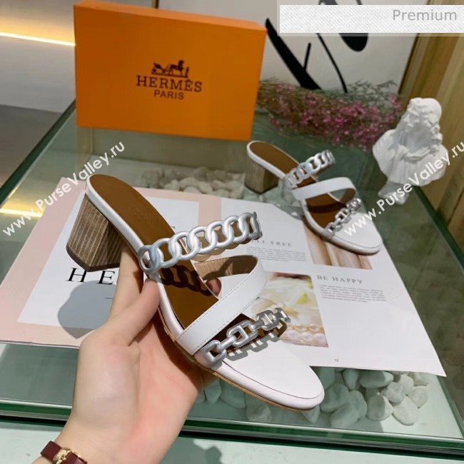 Hermes Leather &quot;Chaine dAncre&quot; Straps Ajaccio Sandal With 5cm Heel White/Silver 2020 (ME-20042070)