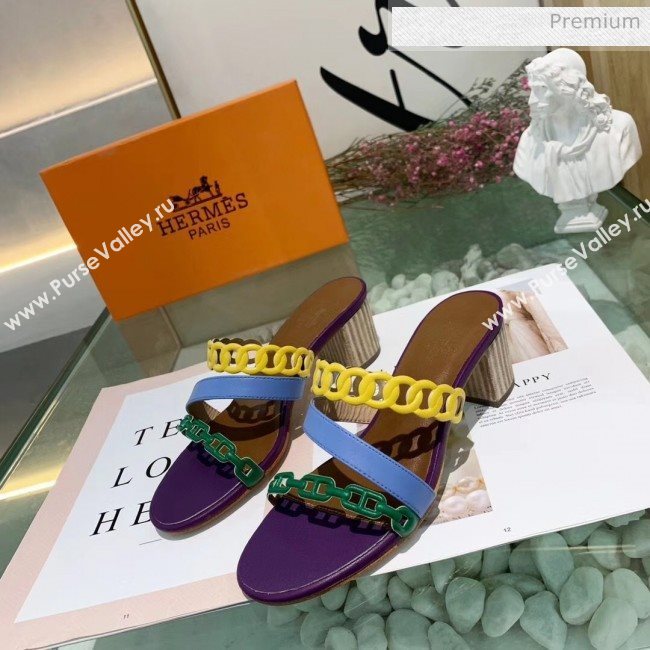 Hermes Leather &quot;Chaine dAncre&quot; Straps Ajaccio Sandal With 5cm Heel Purple/Yellow/Green 2020 (ME-20042073)