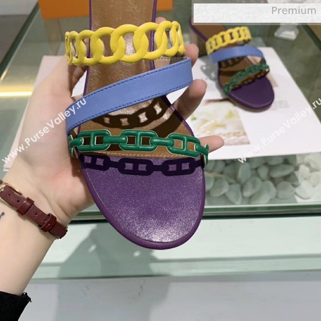 Hermes Leather &quot;Chaine dAncre&quot; Straps Ajaccio Sandal With 5cm Heel Purple/Yellow/Green 2020 (ME-20042073)