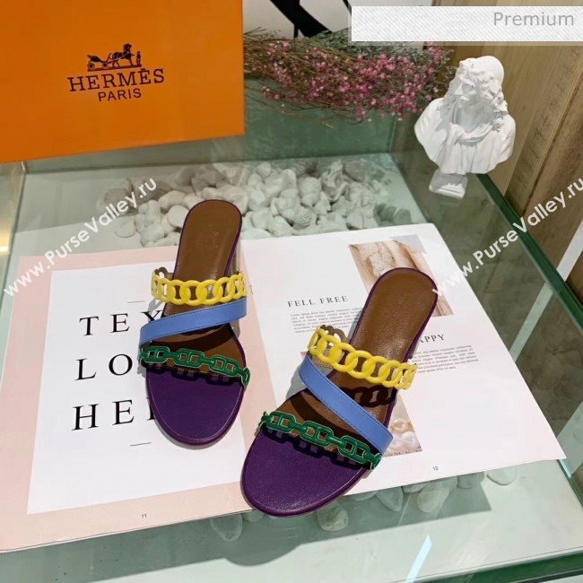 Hermes Leather &quot;Chaine dAncre&quot; Straps Ajaccio Sandal With 5cm Heel Purple/Yellow/Green 2020 (ME-20042073)