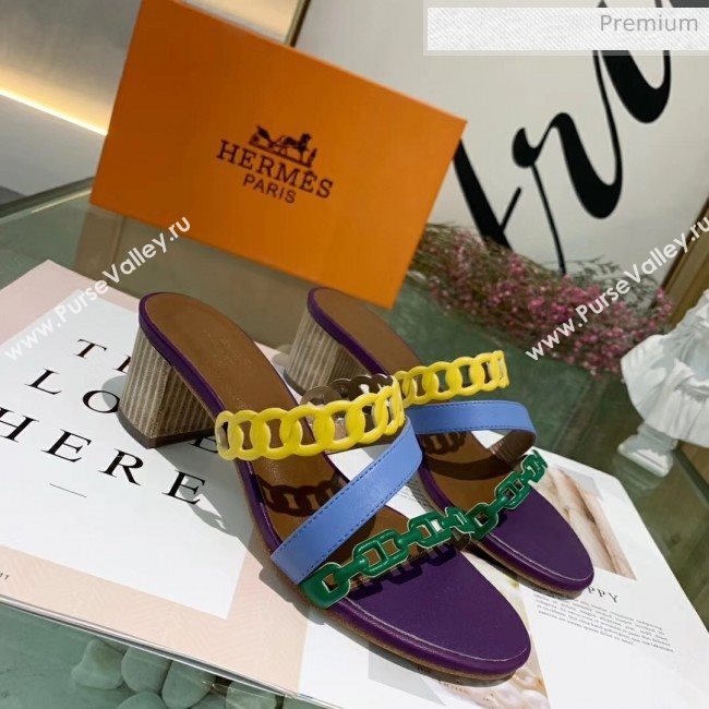 Hermes Leather &quot;Chaine dAncre&quot; Straps Ajaccio Sandal With 5cm Heel Purple/Yellow/Green 2020 (ME-20042073)