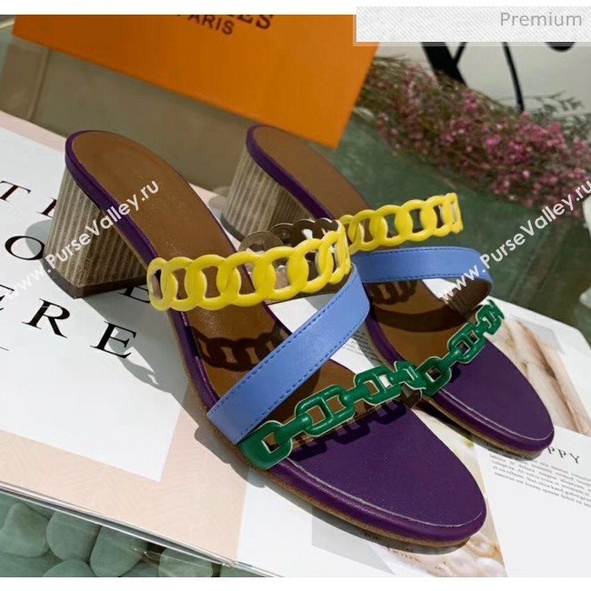 Hermes Leather &quot;Chaine dAncre&quot; Straps Ajaccio Sandal With 5cm Heel Purple/Yellow/Green 2020 (ME-20042073)