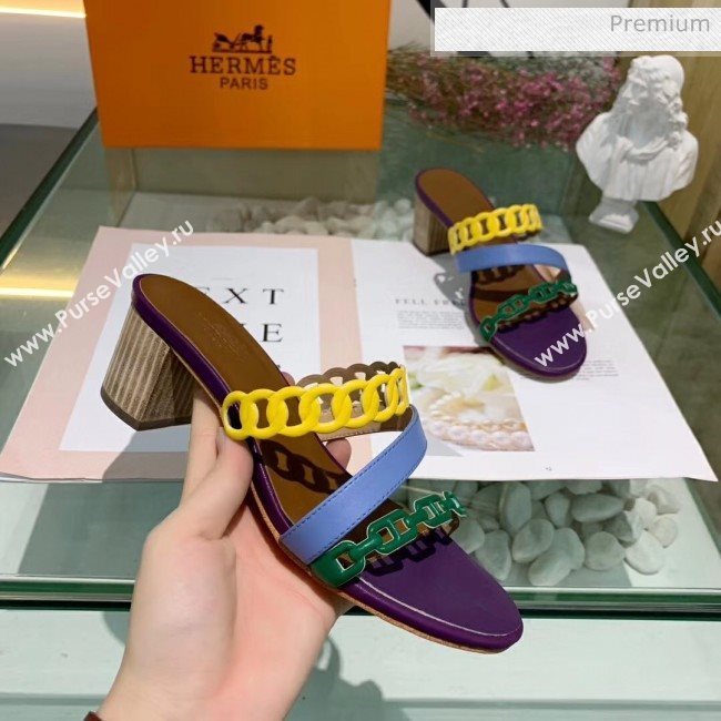 Hermes Leather &quot;Chaine dAncre&quot; Straps Ajaccio Sandal With 5cm Heel Purple/Yellow/Green 2020 (ME-20042073)