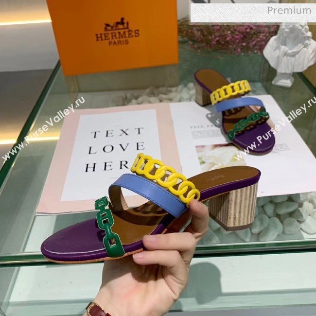 Hermes Leather &quot;Chaine dAncre&quot; Straps Ajaccio Sandal With 5cm Heel Purple/Yellow/Green 2020 (ME-20042073)