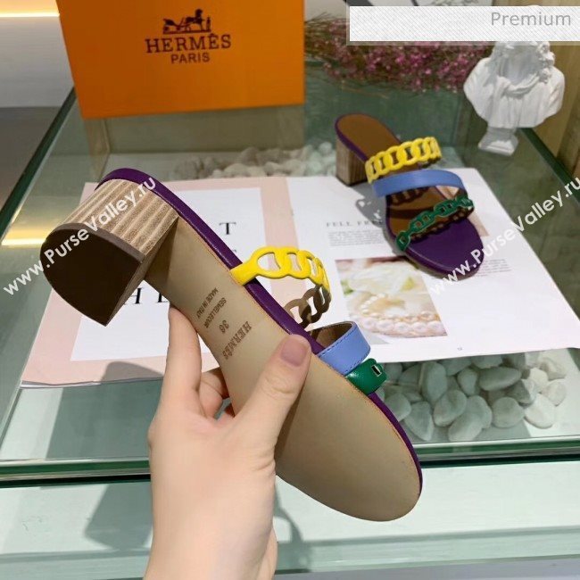 Hermes Leather &quot;Chaine dAncre&quot; Straps Ajaccio Sandal With 5cm Heel Purple/Yellow/Green 2020 (ME-20042073)